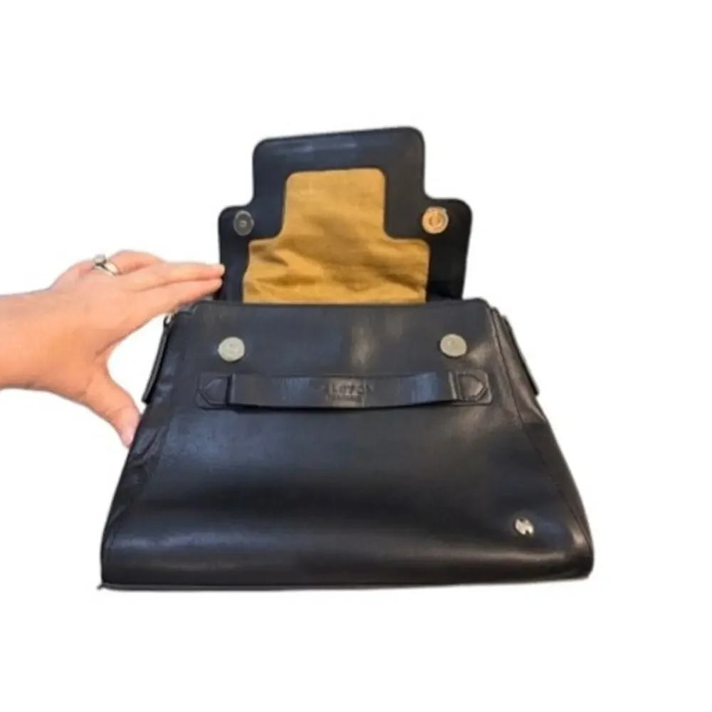 Halston Heritage Black Leather Top Handle Satchel Bag Gold Lining EUC Chic